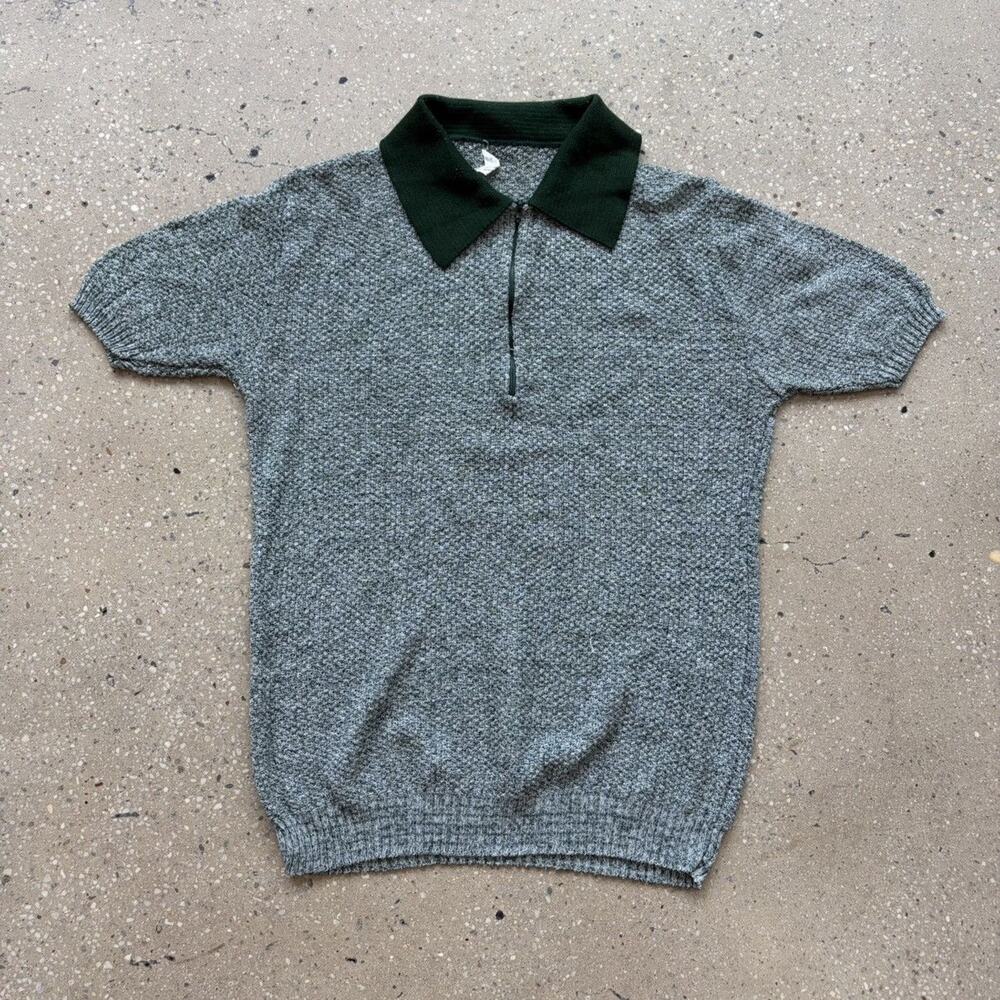 Vintage 60s Green Knit Polyester 1/4 Zip Polo